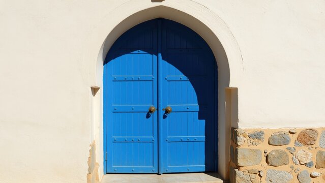 Vibrant Blue Doorway: An arched entryway features a striking, bright blue double door with ornate golden knobs, set against a textured white wall and stone base under a clear blue sky.