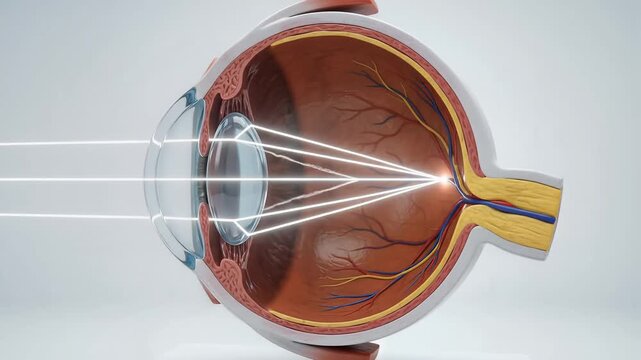 Human eye optical cross section convex lens refraction cornea retina optic nerve