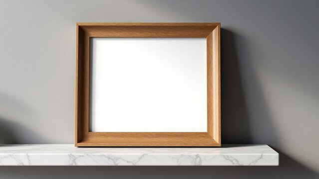Wooden Frame on Shelf: A simple, elegant wooden picture frame sits on a marble shelf against a grey wall, casting a soft shadow, ready to hold a cherished memory or piece of art.