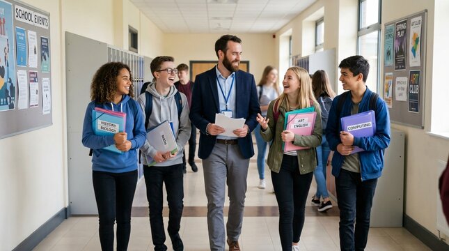Professeur et jeunes lyc&eacute;ens souriants marchant dans le couloir de l'&eacute;cole lors de la rentr&eacute;e scolaire, tenant leurs dossiers de cours avec enthousiasme.