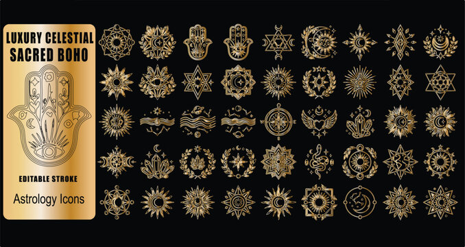 Luxury celestial sacred boho astrology icons, gold mystical hamsa and moon sun symbols, spiritual esoteric vector set for branding