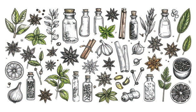 Hand-drawn illustration of fresh ingredients: garlic, lemon slice, star anise, herbs, and spices in a vial