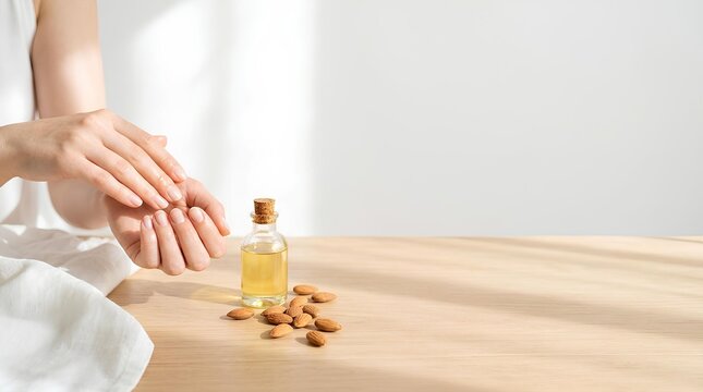 Almond oil for nails and cuticles care with almonds on wooden table and copy space.
