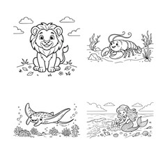 Obraz premium Set of four cute animal coloring page illustrations for children featuring a lion monkey crocodile and elephant