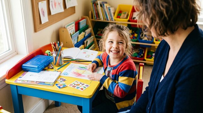 Petite fille souriante dessine &agrave; son bureau de maternelle aux c&ocirc;t&eacute;s de son enseignante, apprentissage ludique et cr&eacute;ativit&eacute; pour la rentr&eacute;e scolaire.