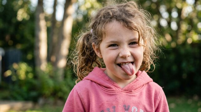 Fillette espi&egrave;gle tirant la langue, attitude dr&ocirc;le et joyeuse pour la rentr&eacute;e scolaire, enfant en sweat rose, portrait d'&eacute;coli&egrave;re en r&eacute;cr&eacute;ation.