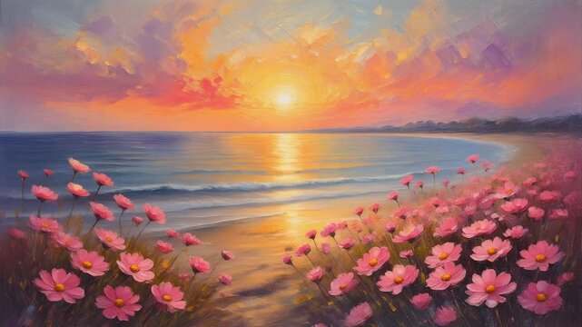 Pink flowers on beach at sunset. Oil painting style coastal landscape with golden light.
