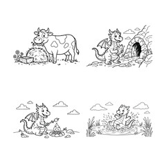 Obraz premium Set of four hand drawn black and white illustrations featuring cute farm animals and nature elements