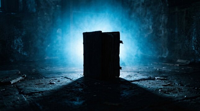 Livre de magie grimoire ancien r&eacute;tro&eacute;clair&eacute; dans la brume bleue, concept de savoir fantastique, litt&eacute;rature, myst&egrave;re et rentr&eacute;e scolaire imaginaire.