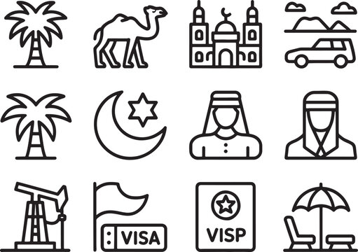 Collection of travel and culture icons featuring Middle Eastern symbols and landmarks isolated on transparent background