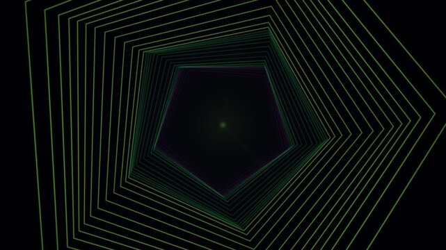 A glowing neon green tunnel of geometric lines receding into the dark center.