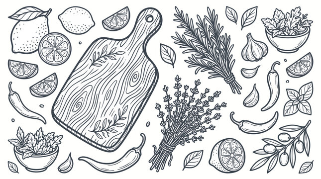 Hand drawn line art of wooden cutting board with fresh herbs, lemon, chili, garlic and spice in vintage sketch style, illustrating culinary recipe ingredients, provides healthy cooking ideas