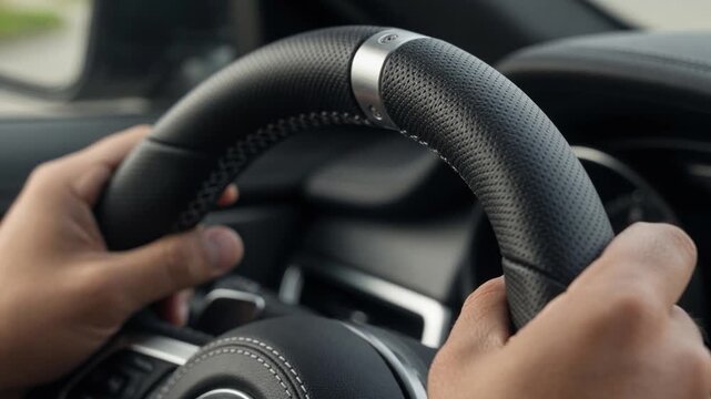 Hands on car steering wheel driving