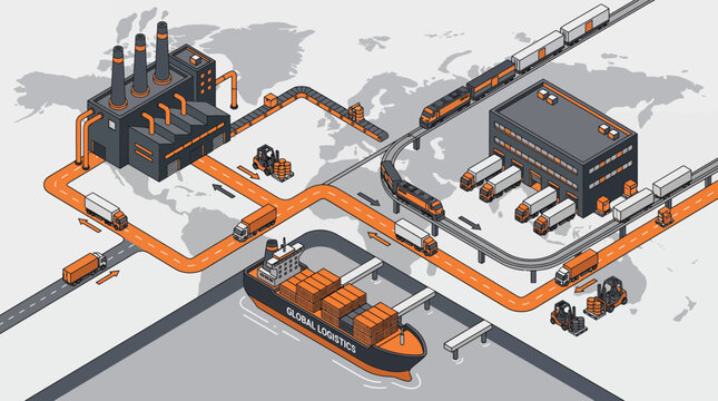 Isometric global logistics network featuring factory, cargo ship, trucks and trains on world map background, illustrating supply chain management and representing international trade connectivity
