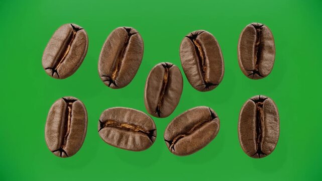 Roasted coffee beans isolated on a clean chroma green background with smooth cinematic camera movement. Perfect for compositing, coffee marketing, broadcast graphics, presentations, and commercial edi
