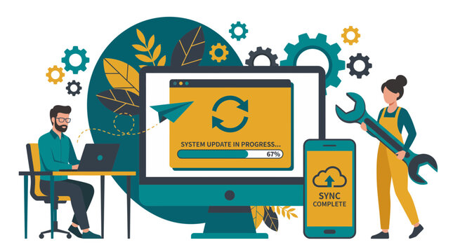 Professionals managing system software update on desktop computer and mobile device with gear background, symbolizing digital transformation and representing technical maintenance services