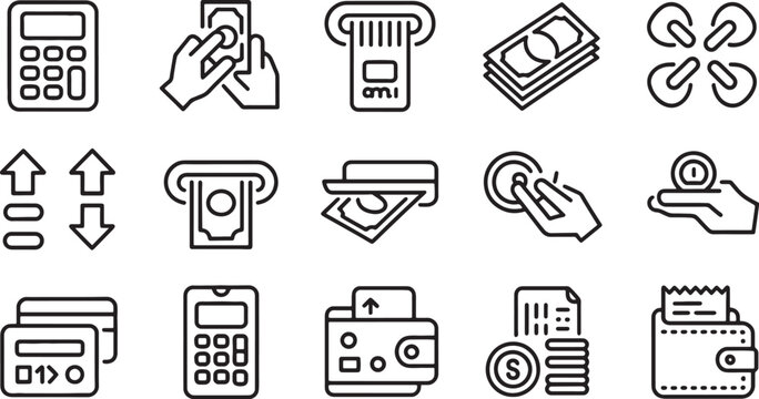 Collection of various financial transaction and banking related icons isolated on transparent background