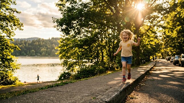 Petite fille riant et courant sur la bordure du trottoir au coucher du soleil, bonheur de l'enfance, vitalit&eacute; et libert&eacute; pour la rentr&eacute;e scolaire.