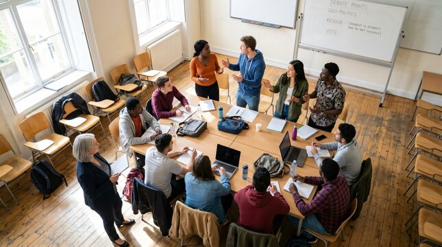 Groupe d'&eacute;tudiants universitaires en plein d&eacute;bat interactif autour d'une table pour la rentr&eacute;e scolaire, &eacute;tude g&eacute;opolitique en salle de classe.