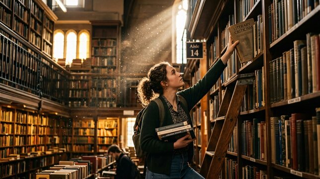 &Eacute;tudiante s&eacute;lectionnant un livre de critique litt&eacute;raire dans une grande biblioth&egrave;que ensoleill&eacute;e, ambiance de rentr&eacute;e scolaire et de recherche acad&eacute;mique.