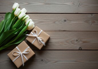 Naklejka premium White tulips and gift boxes on wooden background