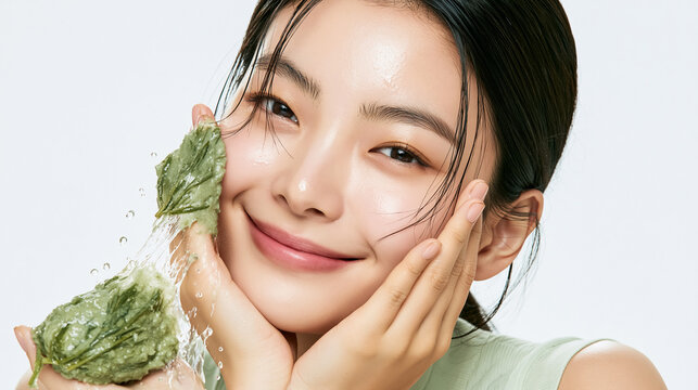 Smiling Young Woman Holding Green Facial Mask for Natural Skincare and Beauty