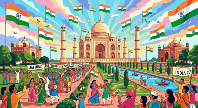 Vibrant india independence day celebration with people and flags