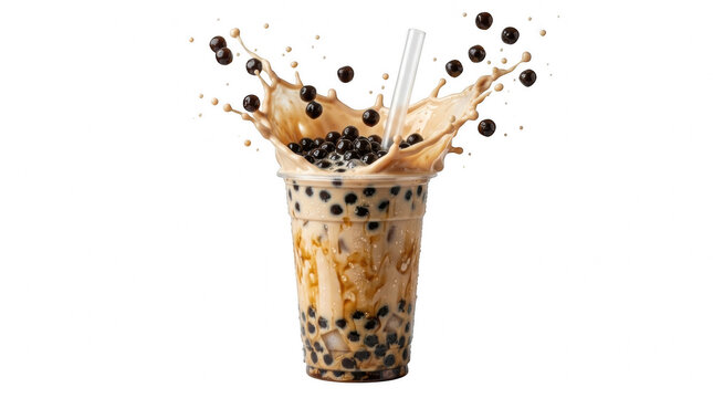 Delicious bubble milk tea with black tapioca pearls splashing out of a plastic cup for a refreshing summer drink isolated on transparent background