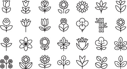 Collection of various stylized line art flowers and plants isolated on transparent background © md