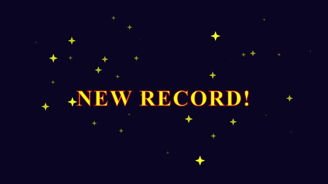 New record achievement animation with sparkling stars and bold text for gaming and milestone success announcements 4k