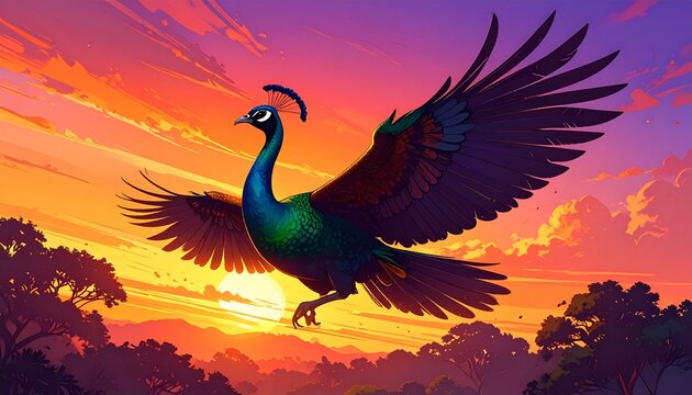 Peacock in flight at sunset. Majestic bird illustration soaring over a vibrant landscape.