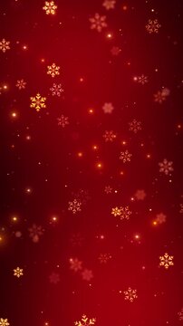 red christmas motion background with golden snowflakes and gold glitter shiny stars, christmas and new year holiday stream vertical social media design element