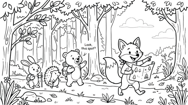 Fox leading rabbit, hedgehog, and bear with a map.
