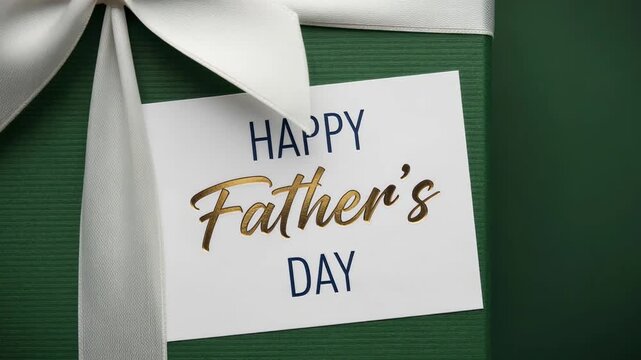 Closeup sequence of a green gift box tied with a white satin ribbon and a happy father's day card, slow zoom with a gentle pan revealing textured wrapping and tag