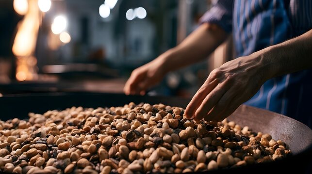 A person s hands sorting mixed nuts and seeds in a large metal bowl under warm ambient lighting