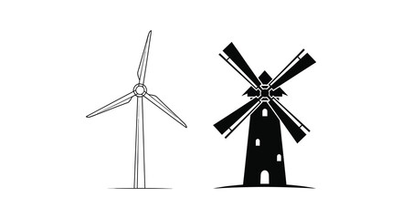 Obraz premium Wind turbine and windmill graphic silhouettes on a white background