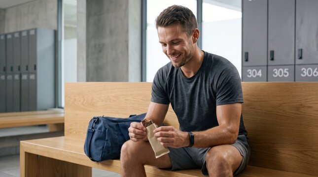 Man eating protein energy bar in gym locker room. Athlete sitting on bench with sports bag after workout. Healthy snack, fitness nutrition, post training recovery and muscle recharge.