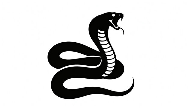 Centered black silhouette of a striking cobra, massive white negative space, minimalist vector art, isolated on white background