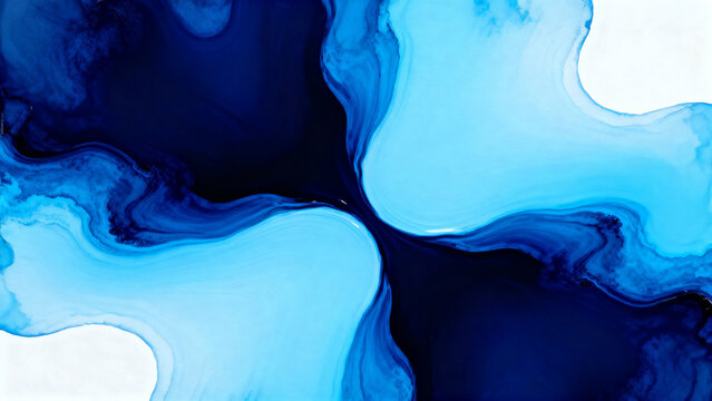 Contemporary abstract oil art, dark indigo bleeding into soft baby blue, organic fluid shapes, high gloss finish, rich colorful paint texture