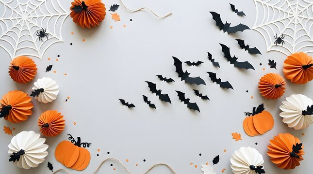 Halloween flat lay with paper pumpkins, bats, and spider webs