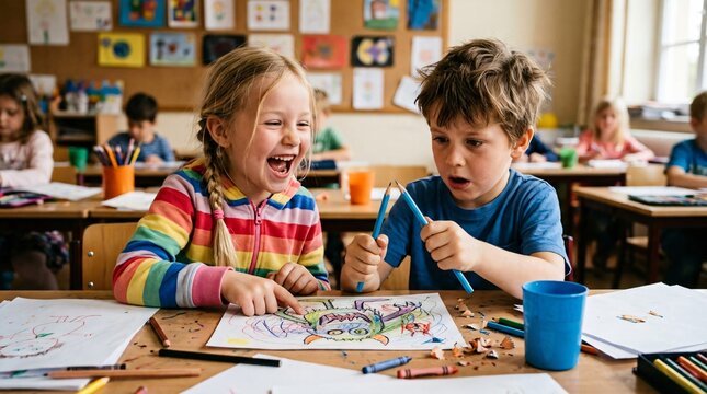 Enfants joyeux dessinant ensemble en classe primaire, fillette riant aux &eacute;clats et gar&ccedil;on surpris, complicit&eacute; et cr&eacute;ativit&eacute; lors de la rentr&eacute;e scolaire.