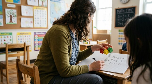 Enseignante expliquant un exercice de math&eacute;matiques &agrave; une &eacute;l&egrave;ve &agrave; l'&eacute;cole primaire, cours de calcul avec des cubes lors de la rentr&eacute;e scolaire.