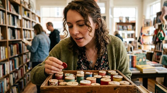 Femme attentive choisissant des bobines de fil et boutons vintage pour la rentr&eacute;e cr&eacute;ative et projets manuels dans une librairie chaleureuse.