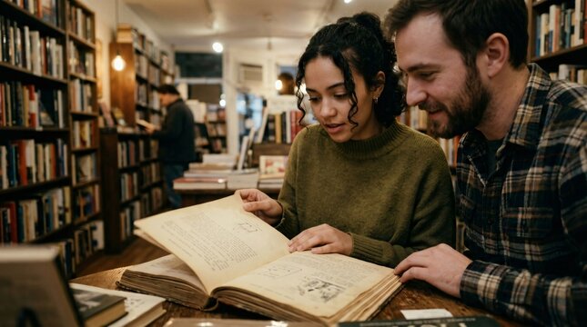 &Eacute;tudiants lisant un grand livre ancien dans une librairie chaleureuse, apprentissage, recherche acad&eacute;mique et r&eacute;visions pour la rentr&eacute;e scolaire.