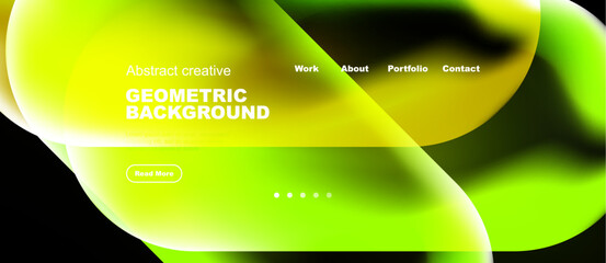 Naklejka premium Bright green abstract background. Website header design features text, navigation, button, dots. Modern, fluid shapes present.