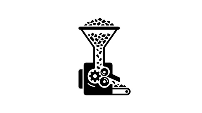 Black and white icon of an industrial crushing machine with a hopper and conveyor belt.