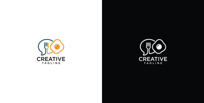 Food chat and restaurant logo design vector featuring speech bubble fork and egg icon