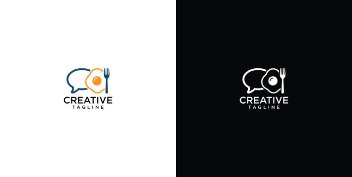 Minimalist logo design featuring a fried egg combined with a chat bubble and fork for culinary food blogs and reviews