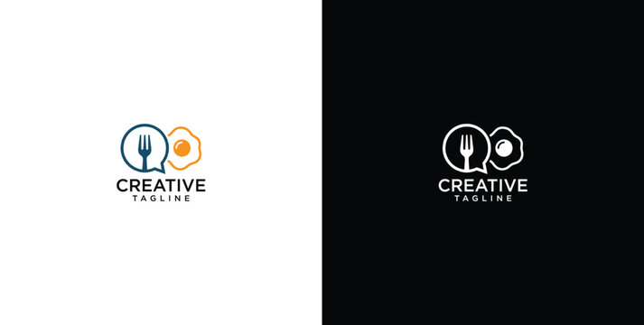 Food chat logo design vector featuring fork and egg in speech bubbles for restaurant consultation and food review