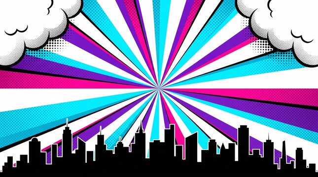 Minimal cyan and purple skyline featuring clean radiating sunburst rays and soft comic clouds. Great for presentations, branding, editorial graphics, and web design.